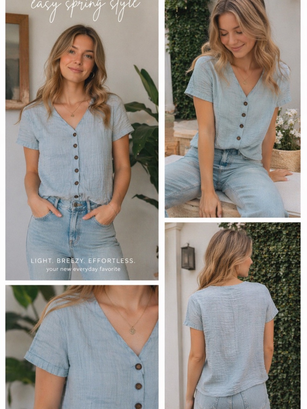 Coastal Blue Cotton Gauze Button Front Top Soft Minimalist Spring Blouse| Size M